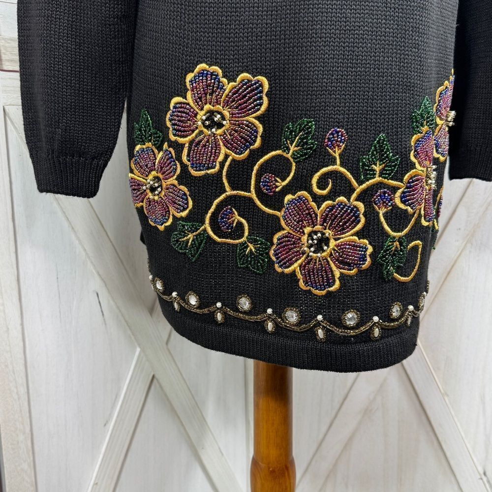 Vintage Victoria Jones 90s Floral Beaded Cowl Neck Tunic Sweater Black Medium - Picture 6 of 11